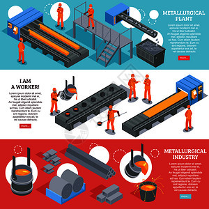 钢铁工业冶金厂生产设施3等距水平横幅网页彩色背景孤立矢量插图钢铁工业等距横幅图片