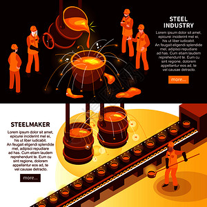 冶金工业2等距横幅与钢铁制造商铸造铸铁模具输送机矢量插图钢铁工业等距横幅背景图片
