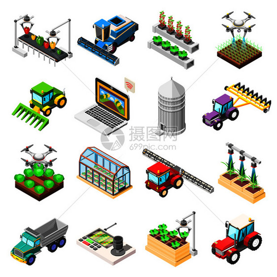 农业等距图标集远程控制机器人用于犁耕栽培收获孤立矢量插图农业机器人等距图标图片