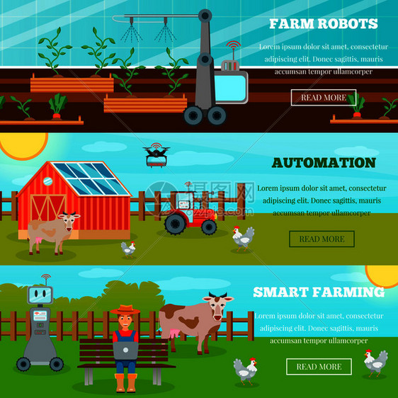 智能农业水平横幅与农场机器人无人机物联网农业平矢量插图聪明的农业水平横幅图片
