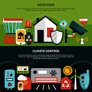 家庭安全横幅与探测器,气候控制设备的绿色黑色背景孤立矢量插图家庭安全横幅图片