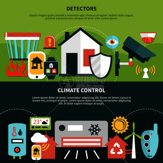 家庭安全横幅与探测器,气候控制设备的绿色黑色背景孤立矢量插图家庭安全横幅图片