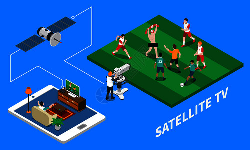电信卫星电视等距成与场景直播足球比赛蓝色背景三维矢量插图电信等距成图片