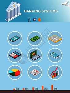 数据等距集的信息象形文字为银行系统与图像的货币小工具矢量插图银行等距图标背景图片