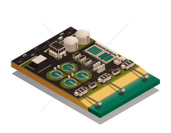 表废水净化处理厂等距成与过滤曝气池分离器水库矢量图地表水净化等距成图片