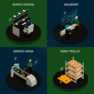 智能制造4等距图标方形与全息投影技术自动机器人手推车矢量插图智能制造等距图标图片