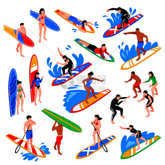 冲浪等距图标与教练培训轻人骑冲浪板孤立矢量插图等距冲浪装置图片