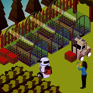 农业机器人等距成与室外农场景观机器人农村工作人类视觉矢量插图农场操作员机器人成图片