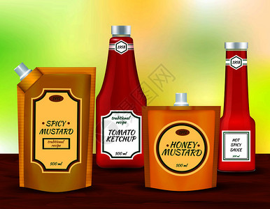 辛辣番茄芥末酱塑料包装袋与喷口瓶子现实身份收集矢量插图酱瓶包装写实套图片