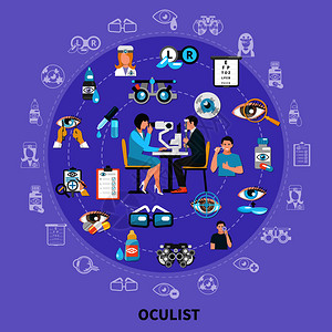 眼科符号平圆构图海报与诊断中心眼睛检查仪器治疗隐形眼镜矢量插图眼科圆圈符号成图片