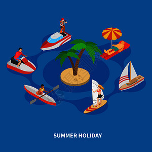 暑假期间的水上活动,包括冲浪乘船旅行蓝色背景矢量插图上的等距构图水活等距成图片