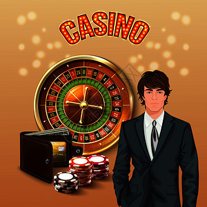 男人赌场现实的构图与大橙色发光赌场标题幸运玩家矢量插图赌场现实构图中的男人图片