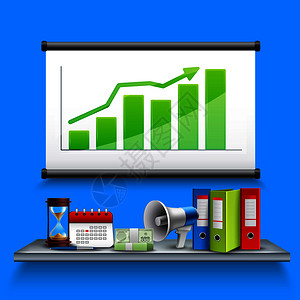 各种办公用品的财务会计业务现实的蓝色背景矢量插图商业现实的图片