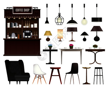 复古家具咖啡厅内部细节逼真与椅子,凳子,台灯计数器隔离矢量插图咖啡厅写实套插画