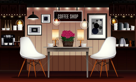 咖啡厅餐厅咖啡厅酒吧内部与照明葡萄酒货架家具孤立矢量插图咖啡馆酒吧内部图片