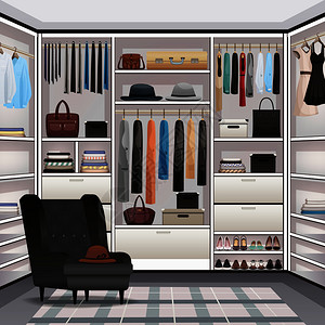 木质鞋架储藏室衣柜衣帽间内部与可调架挂轨鞋架扶手椅现实矢量插图