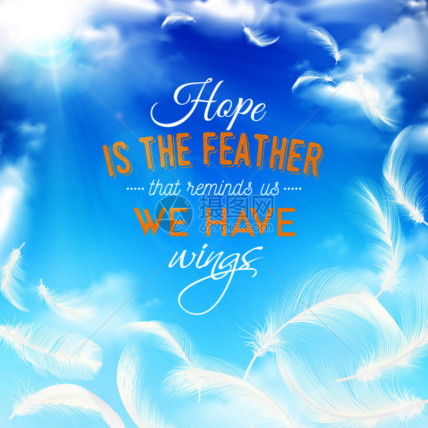 蓝色混浊的天空现实背景,优雅的白色羽毛翅膀的部分希望矢量插图的象征蓝色的天空白色的羽毛图片