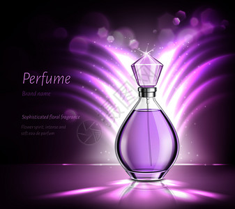 香水璃瓶产品广告现实构图模糊的紫色背景与火花射线矢量插图香水产品广告写实构图图片