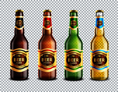 套3D璃啤酒瓶与彩色贴纸隔离透明的背景矢量插图璃啤酒瓶透明背景图片