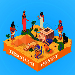 发现埃及等距海报与古埃及神金字塔的蓝色背景三维矢量插图等距埃及海报图片