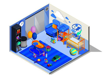 新生儿室等距成与婴儿室家具婴儿床保镖换台玩垫玩具矢量插图婴儿房等距成图片