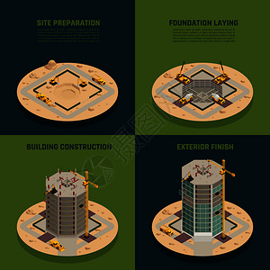 摩天大楼建设过程4等距图标场景准备建筑立完成孤立矢量插图摩天大楼建筑等距图片
