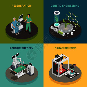 未来的医疗技术4等距图标正方形与器官打印再生机器人手术孤立矢量插图医学未来技术图片