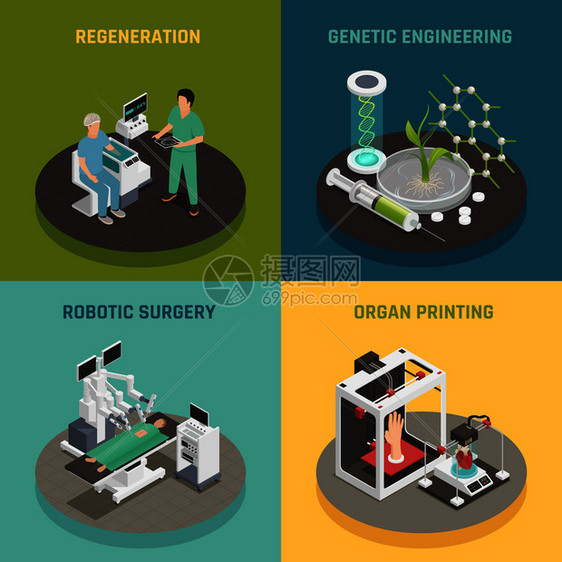 未来的医疗技术4等距图标正方形与器官打印再生机器人手术孤立矢量插图医学未来技术图片
