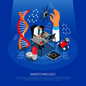 纳米技术等距成的蓝色背景与科学实验室,微芯片,机器人,医疗创新矢量插图纳米技术等距成图片