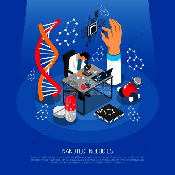 纳米技术等距成的蓝色背景与科学实验室,微芯片,机器人,医疗创新矢量插图纳米技术等距成图片