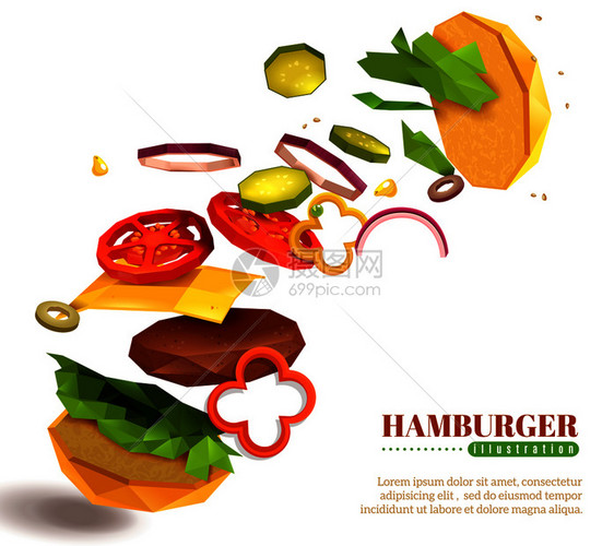 三维飞行汉堡与芝麻包,生菜切片蔬菜,奶酪,切菜白色背景矢量插图三维飞行汉堡插图图片