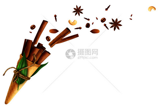 肉桂华夫饼锥与绳子,绿叶,飞行香料包括丁香,八角坚果矢量插图肉桂飞行香料坚果插图图片