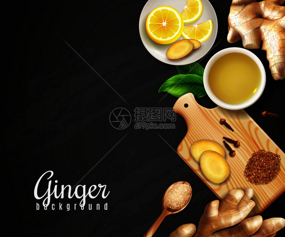 姜根,切板与香料,杯茶,茶托与柠檬黑色背景矢量插图姜黑背景图片