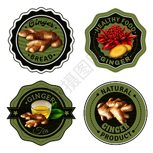 套带生姜产品元素的标签,包括新鲜根茶包分离矢量插图生姜产品标签图片