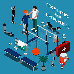 假肢骨科成与医学符号蓝色背景等距矢量插图假肢骨科等距成背景图片
