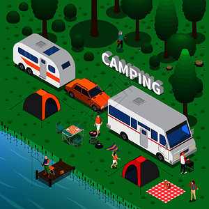 野营与捕鱼拖车家庭符号等距矢量插图野营插图图片