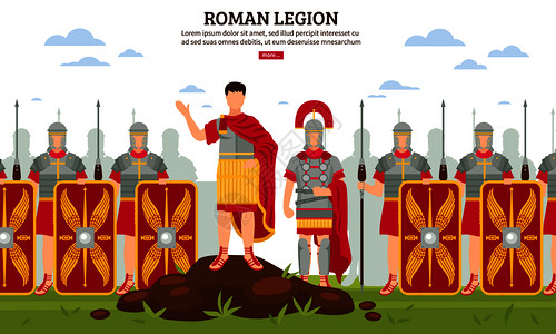 古罗马平网页横幅与陆步兵全装甲盾牌矢量插图古罗马的图片