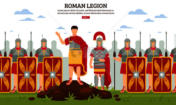 古罗马平网页横幅与陆步兵全装甲盾牌矢量插图古罗马的图片