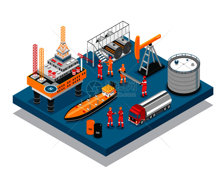 石油天然气工业自升式钻机海上平台设施等距成与油轮矢量插图油气平台等距图片