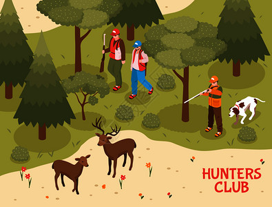 猎人俱乐部季节活动等距海报与犬协助手鹿森林矢量插图猎人俱乐部等距海报图片