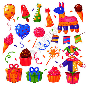 生日派庆祝礼物蛋糕配件节日装饰元素收集与纸屑气球帽子孤立矢量插图生日派庆祝套装图片