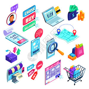 互联网购物集等距图标与搜索选择的产品,购买线,矢量插图互联网购物等距集图片