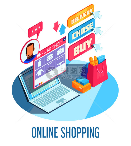 网上购物等距成,包括互联网网站上的产品选择电子支付送货矢量插图网上购物等距成图片