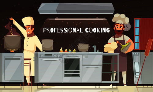 烹饪专家食品准备,专业烹饪,餐厅厨房内部与家具设备矢量插图专业烹饪餐厅插图图片