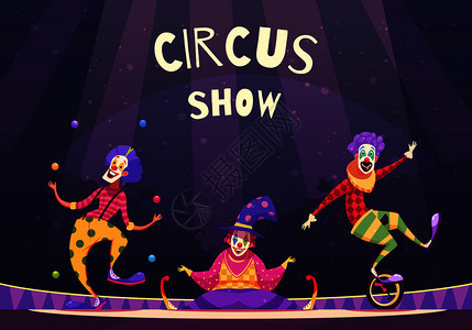 马戏表演与小丑竞技场,包括变戏法,喜剧,单轮车表演者,紫色背景矢量插图马戏表演小丑插图图片