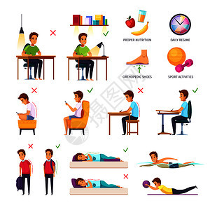 儿童姿态卡通集图像与扁平的人字象形图文本标题矢量插图学校儿童姿势收集背景图片