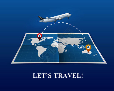 乘坐飞机蓝色背景上的真实构图,世界飞行路线,矢量插图乘飞机旅行的真实构图图片