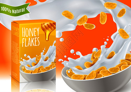 早餐谷物与蜂蜜牛奶的现实成与产品广告橙色背景矢量插图蜂蜜早餐谷类食品的现实成图片