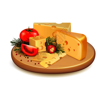奶酪与蔬菜,新鲜蔬菜香料木盘3D构图白色背景矢量插图奶酪蔬菜成分图片
