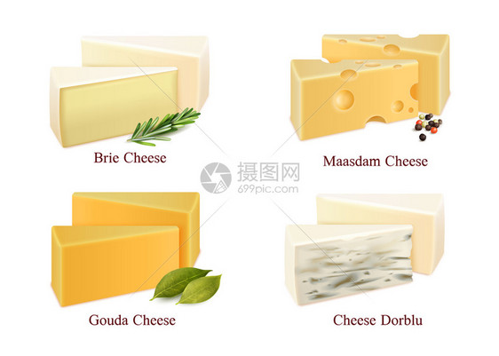 套奶酪种类的碎片布里,果达,多布卢玛沙姆与香料分离矢量插图奶酪套餐图片